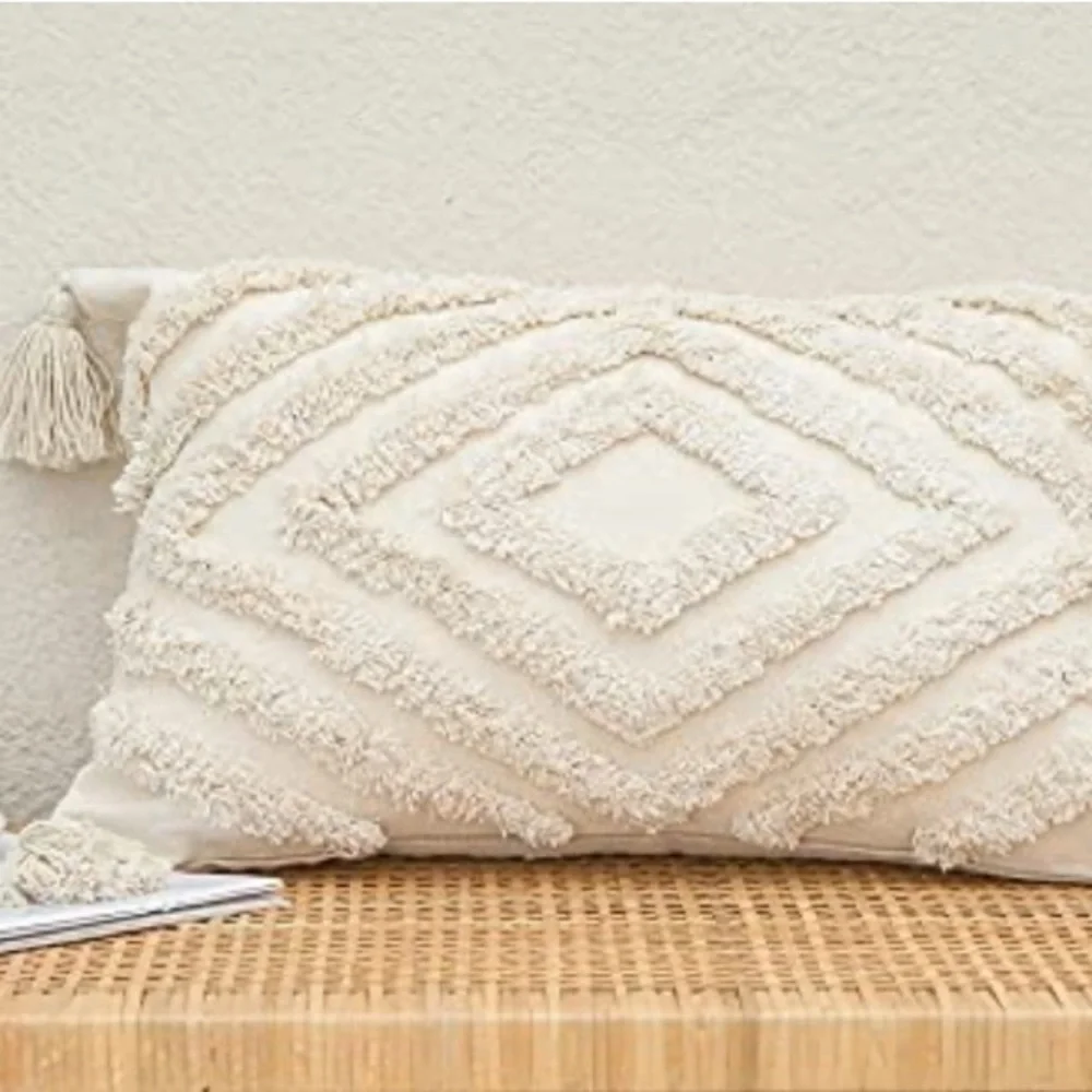 Luxury Home | Ivory Boho Moroccan Tufted Tassel Corner Lumbar Throw Pillow Cover